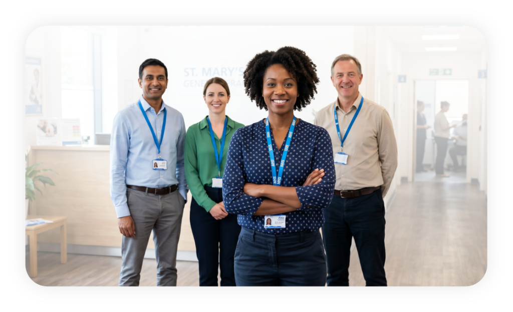 Additional Roles Reimbursement Scheme staff team standing together in a bright clinical environment