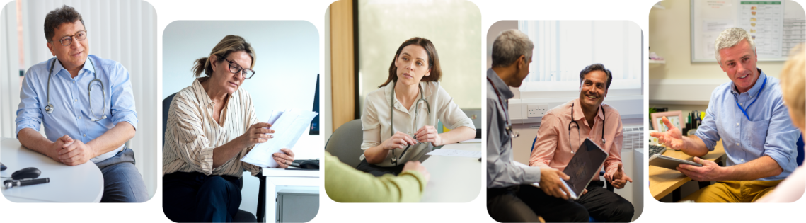 Five NHS clinical pharmacists and GPs conducting structured medication reviews in primary care settings across England