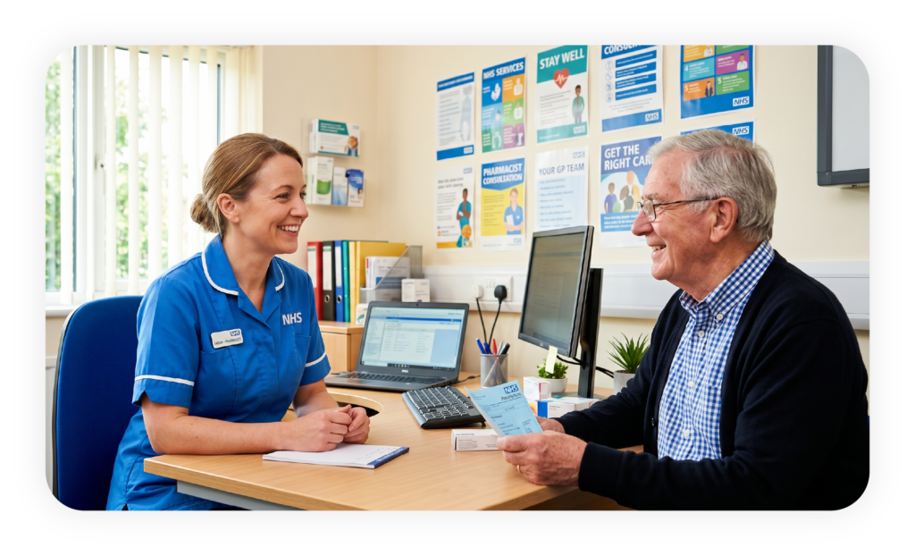 NHS pharmacist conducting a structured medication review with an elderly patient in a GP surgery consulting room