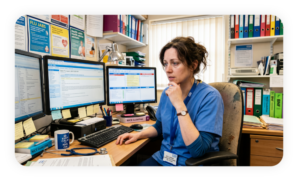 NHS GP looking overwhelmed at a busy desk with multiple screens showing patient records and task lists in a primary care surgery